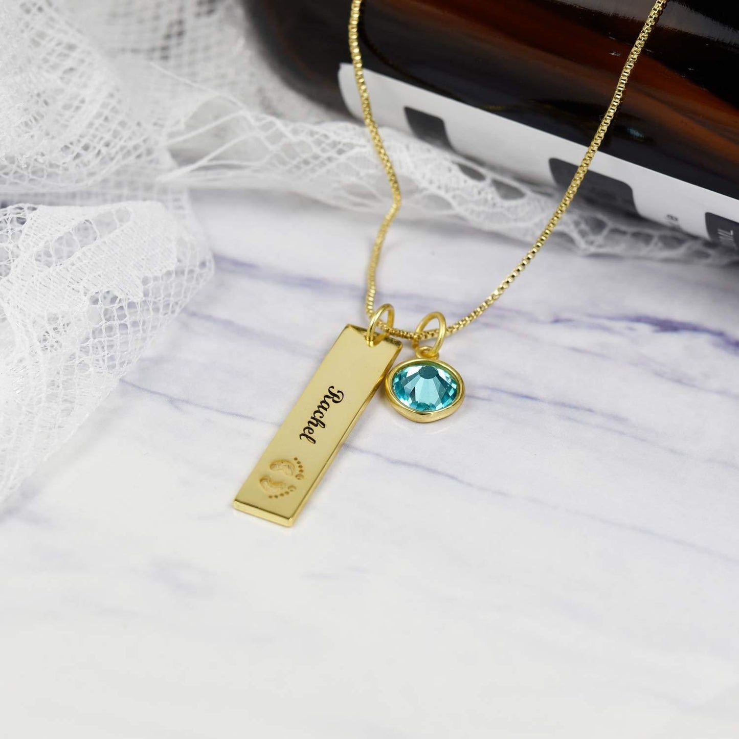 N17.Custom Name Rectangle Graphic Birthstone Necklace - Elle Royal Jewelry