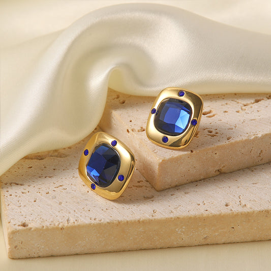 18K Gold Inlaid Large Royal Blue Faceted Glass Square Earrings