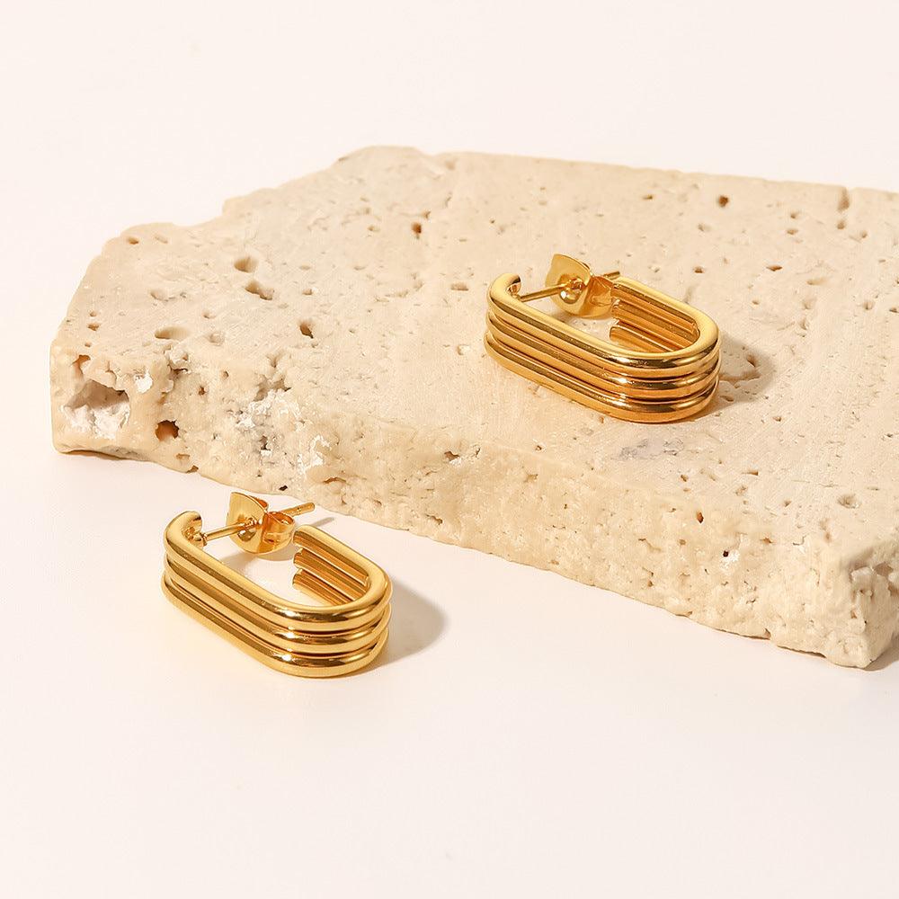 E18.18K gold three-layer ring U-shaped open earrings - Elle Royal Jewelry