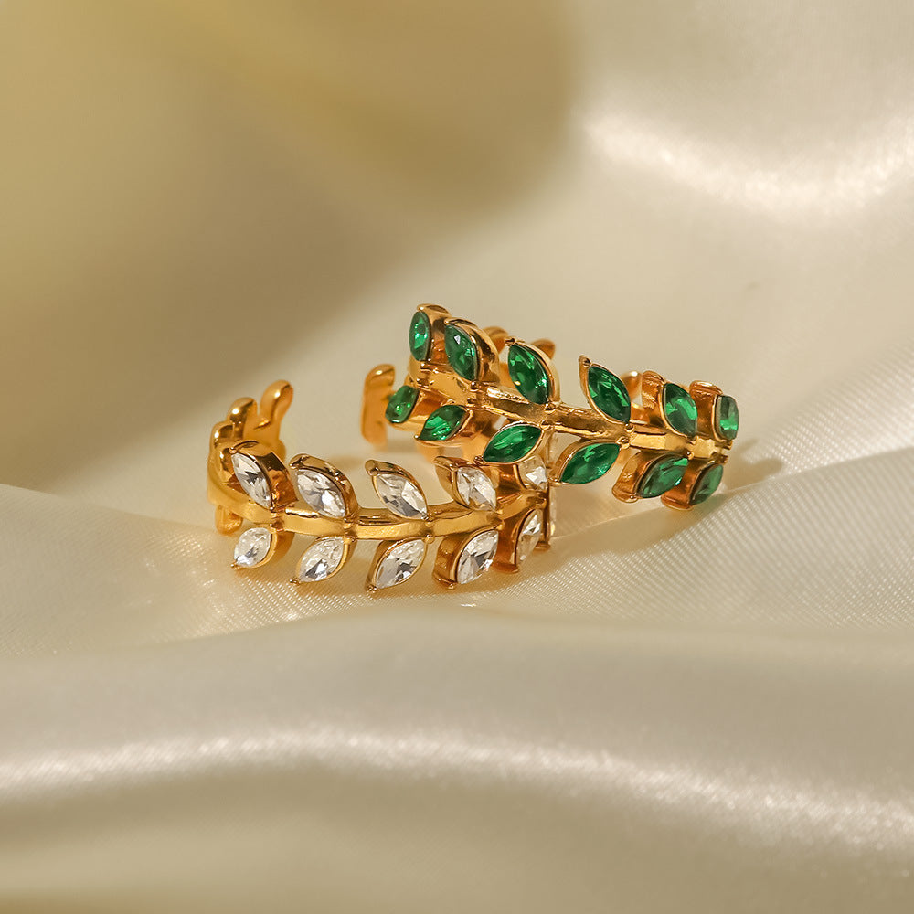 18K Gold Plated White Green Zircon Leaf Ring