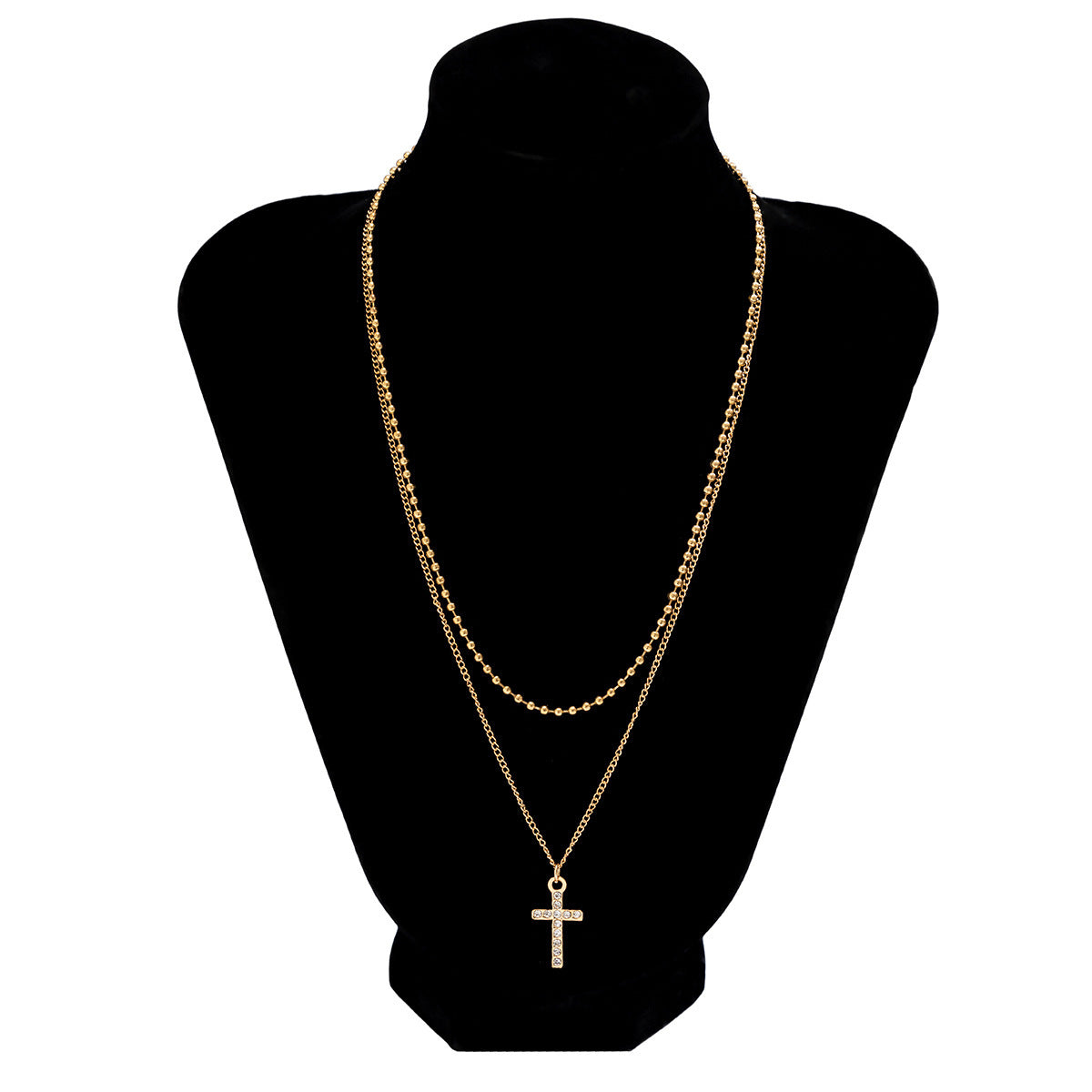 Men Retro light luxury double layered cross geometric diamond all-match pendant necklace