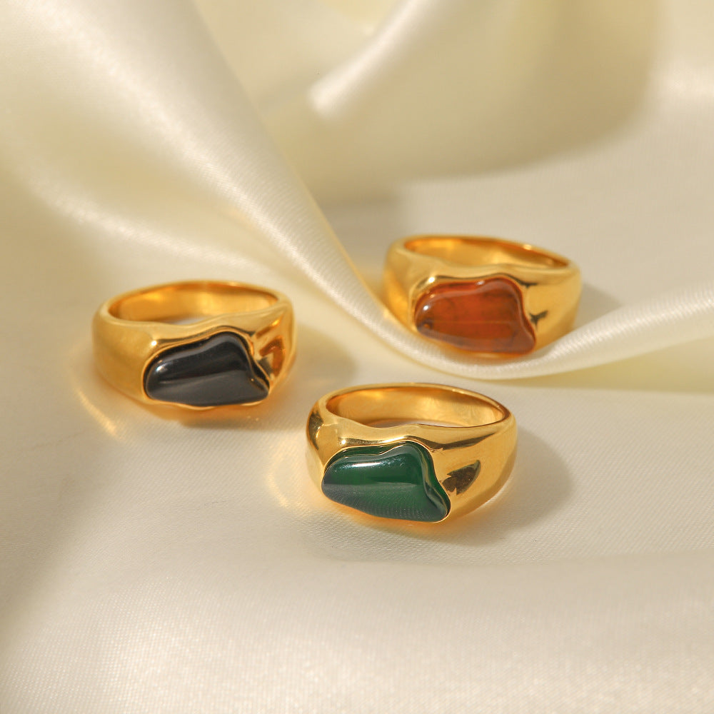 18K Gold Plated Black/Green/Brown Natural Stone Ring