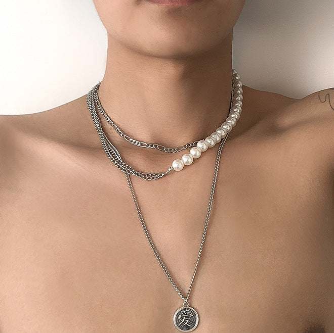 Men Vintage multi-layer stitching pearl stacking creative love tag necklace