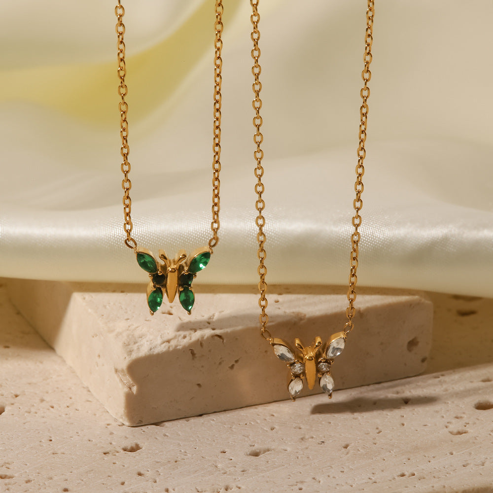 18K gold plated butterfly necklace with green/white zircon stylish