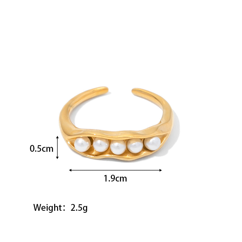 18K Gold Plated Inlaid White Pearl Pea Pod Design Adjustable Ring