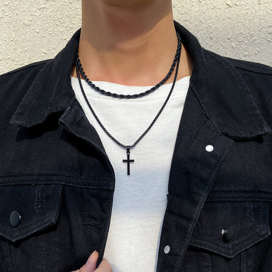 Men Simple fashion double stacked cross design pendant necklace