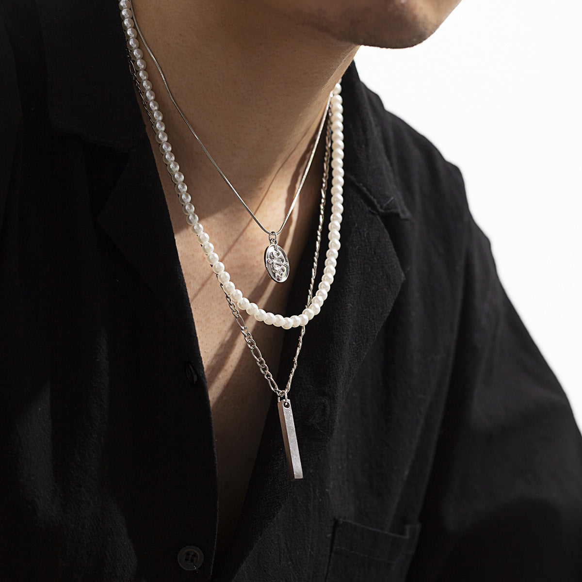 Men Fashion Multi-layered Pearl Snake Bone Chain Dragon Tag Rectangular Pendant men Necklace