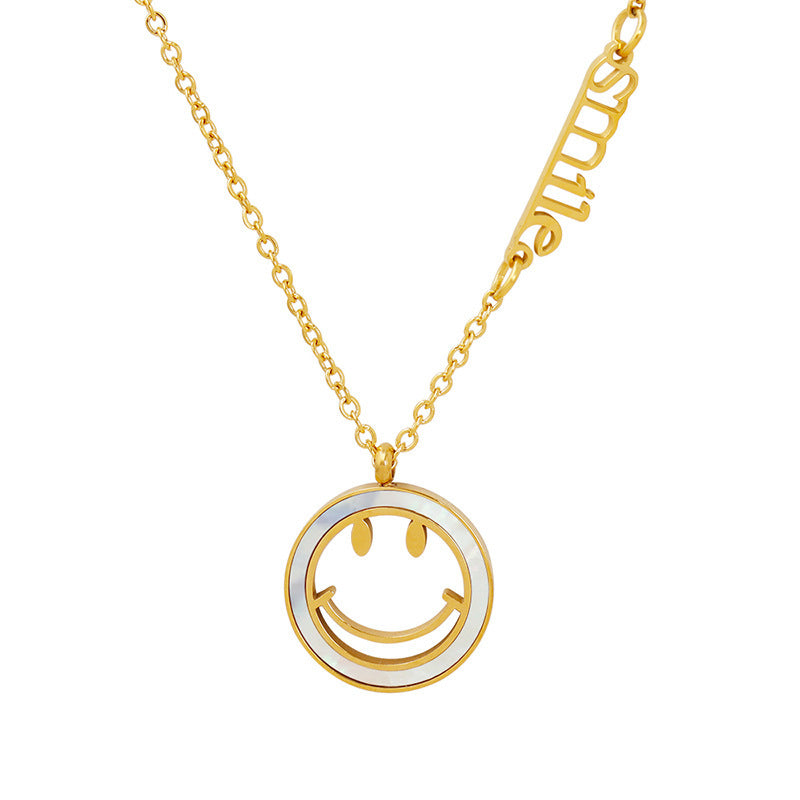 18K Gold Fashionable White Seashell Smiley Face Design with English Alphabet Pendant Necklace