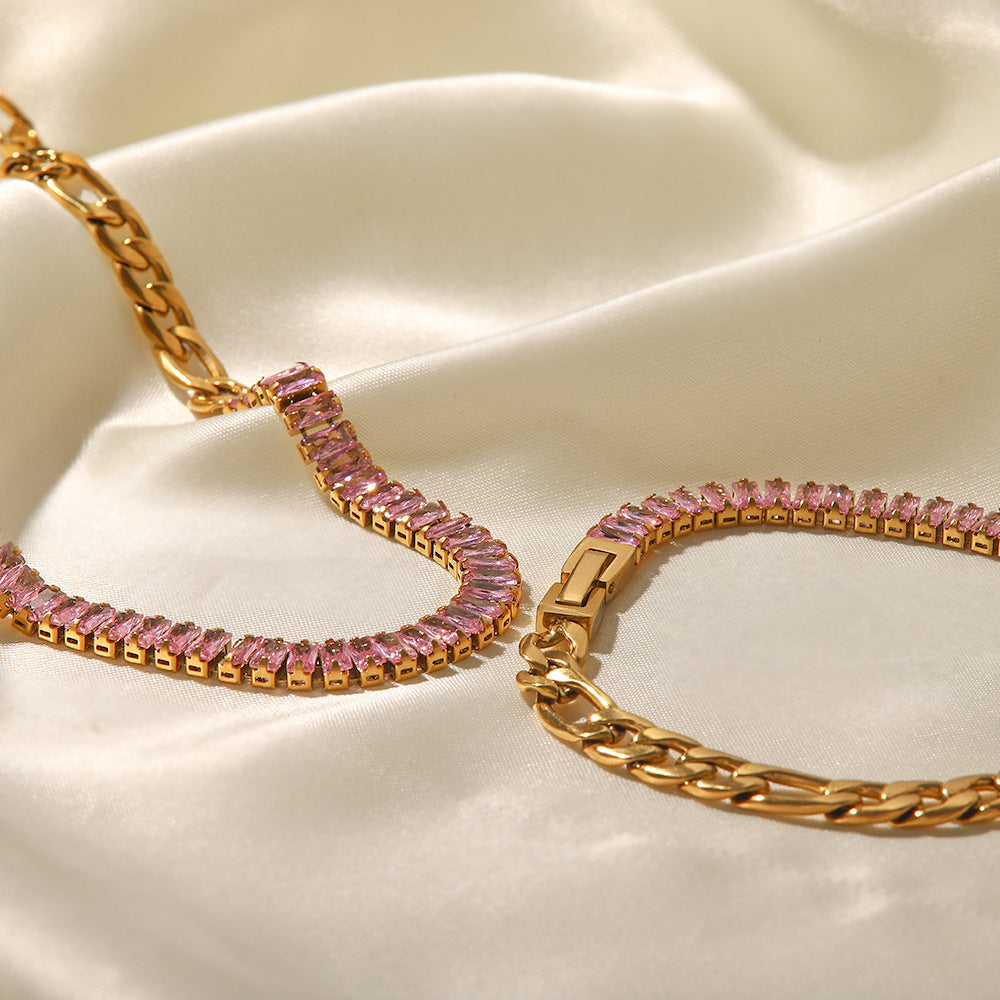 18K Gold Plated Inlaid Pink Zircon Figaro Bracelet