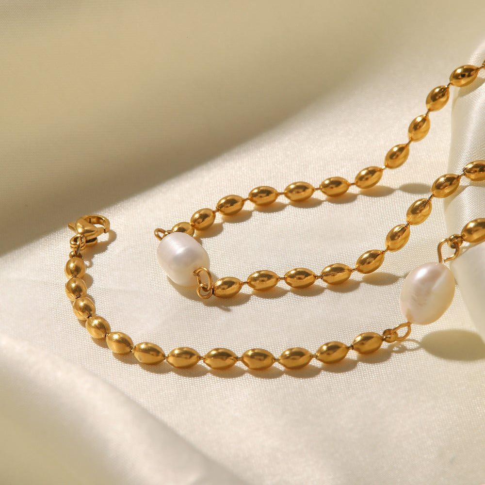 18K Gold Plated Inlaid Natural Freshwater Pearl Oval Gold Beanie Bracelet