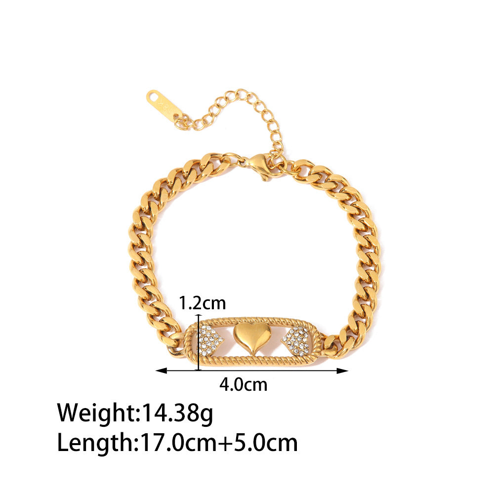 18K Gold Simple Retro Diamond Heart/Star Design Punk Bracelet Necklace Set