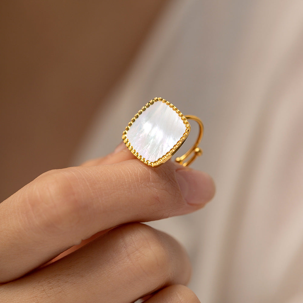 18K Gold Fashion Simple Inlaid White Mother-of-Pearl Open Ring