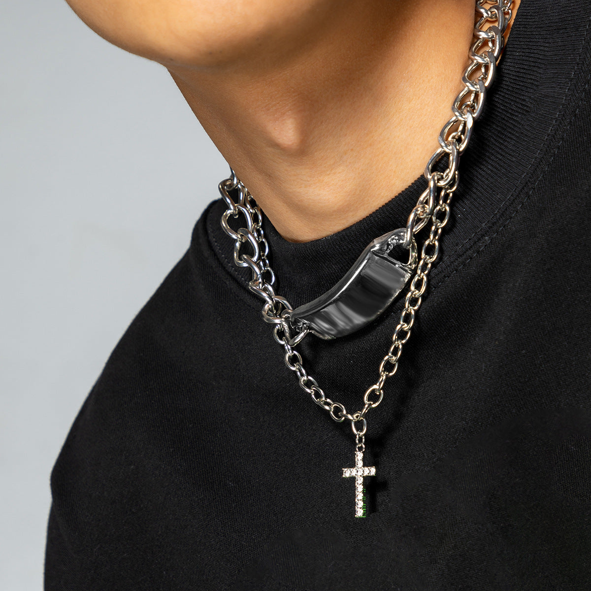 Men Fashionable hip-hop style diamond-encrusted cross double-layer stacking design versatile pendant necklace