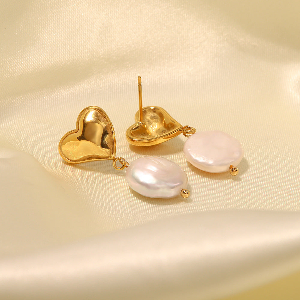 18K Gold Light Luxury Retro Style Heart with Baroque Pearl Design Pendant Earrings