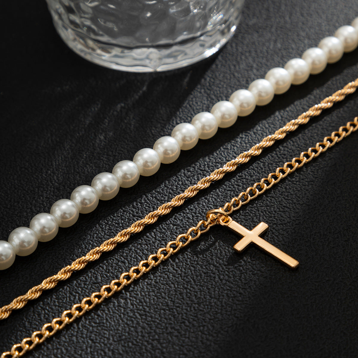 Men Classic Simple Hip-Hop Style Pearl Cross Three-Layer Stacked Versatile Necklace