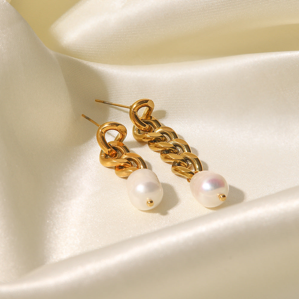 18K Gold Plated Pearl Asymmetric Chain Earrings