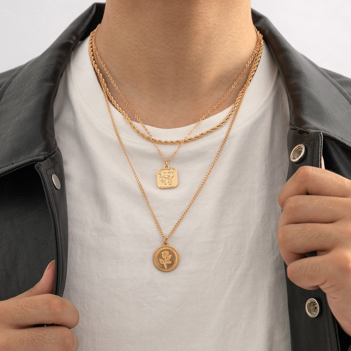 Round square rose three-layer men necklace