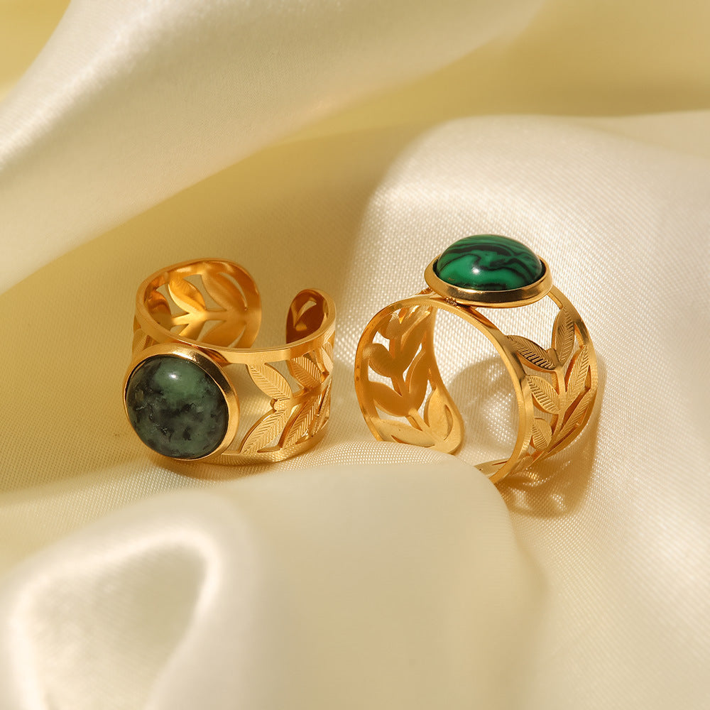 18K Gold Plated Inlaid Green Malachite Openwork Leaf Ring