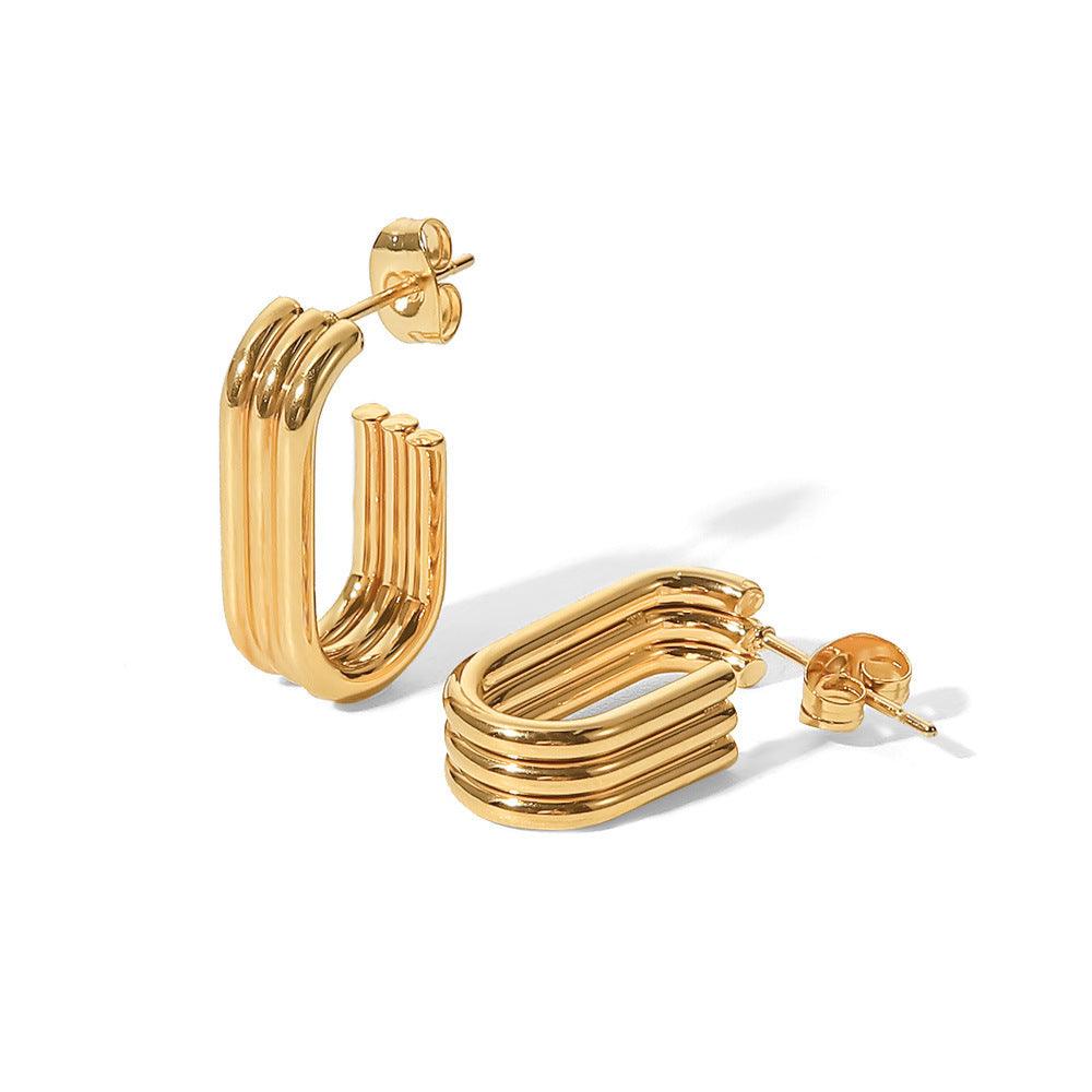 E18.18K gold three-layer ring U-shaped open earrings - Elle Royal Jewelry