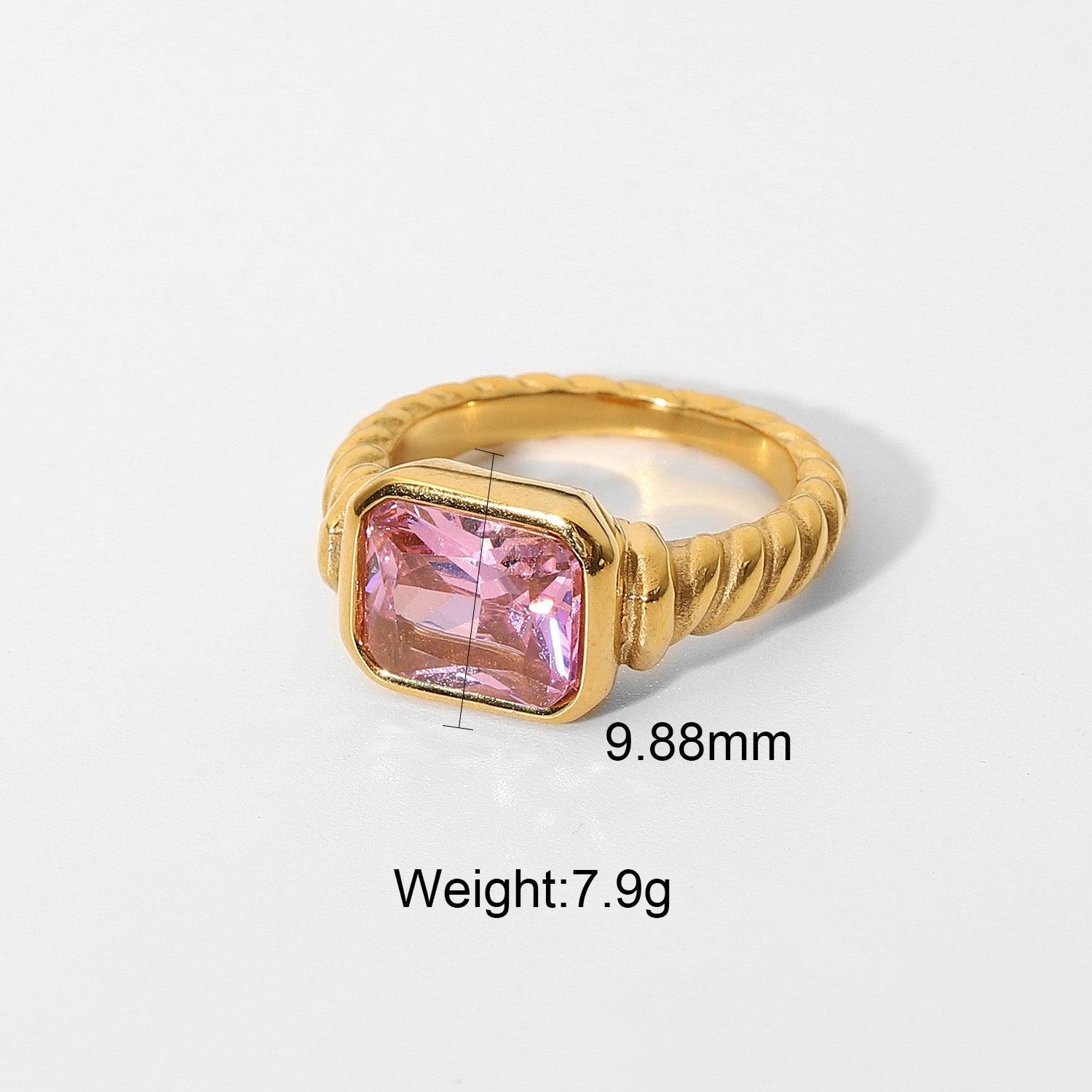 R23.Rectangular Emerald Pink White Black Zircon Ring - Elle Royal Jewelry