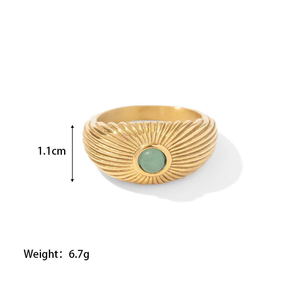 18K Gold Plated Inlaid Natural Green Stone Sun Shaped Punk Ring