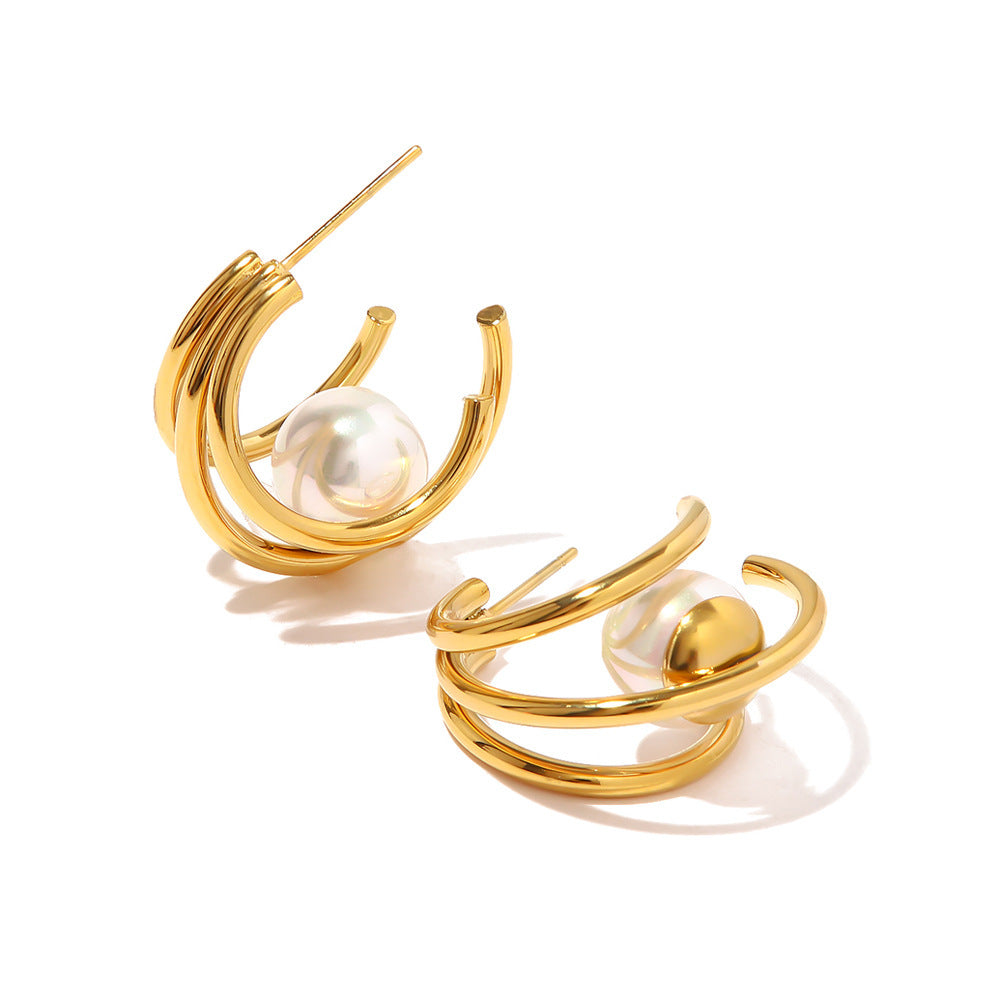 18k Gold Exquisite and Fashionable Pearl C-Shape Design Versatile Earrings