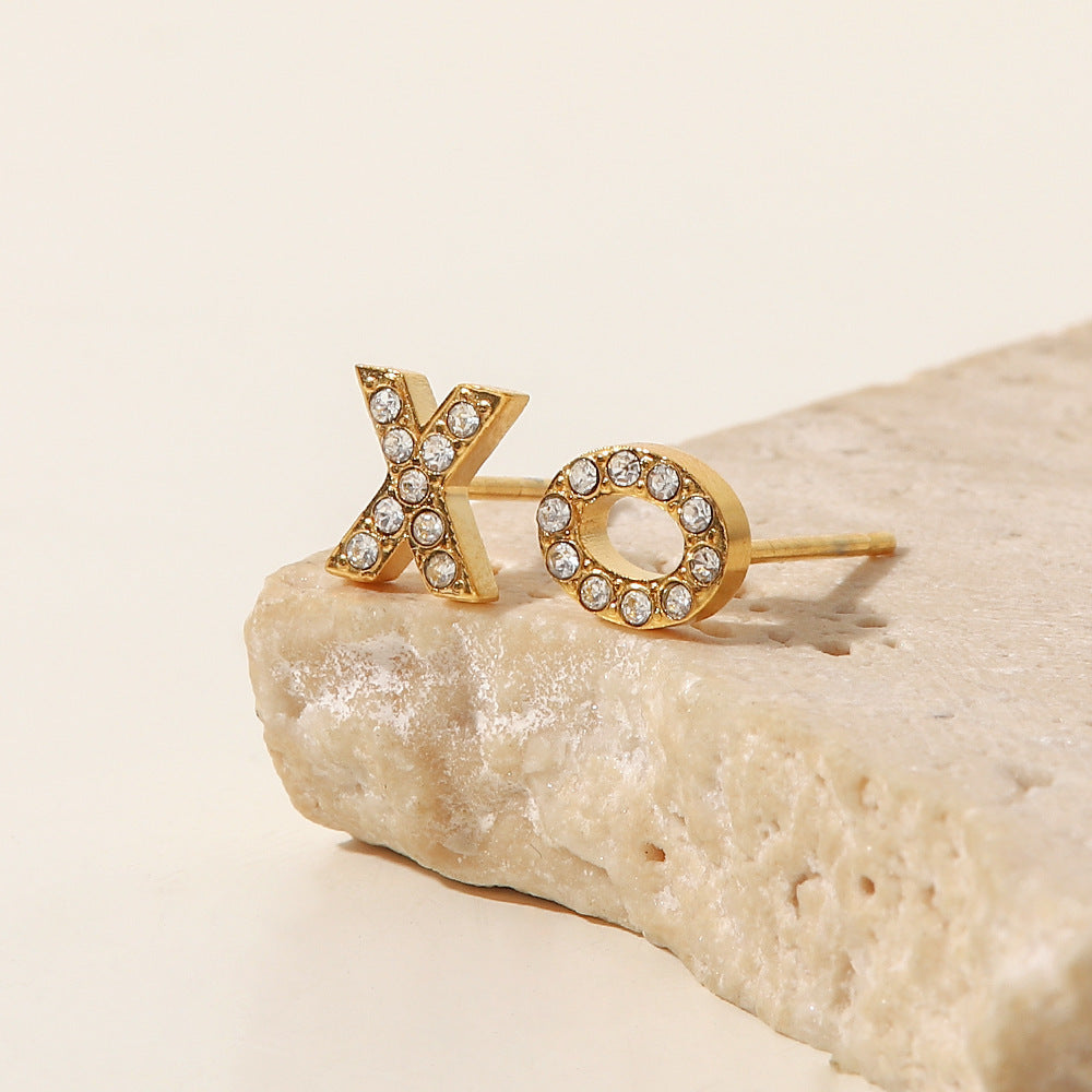 18K Gold Inlaid Small Round Diamond Zircon XO Letter Earrings