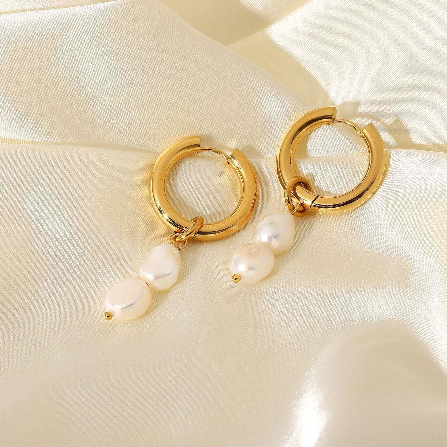 E16.18K Gold Pearl Drop Double Earrings - Elle Royal Jewelry