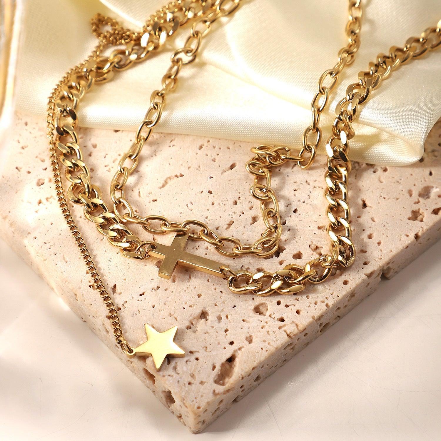 N27.18K Gold Cross and Star Pendant Double Layer Necklace - Elle Royal Jewelry