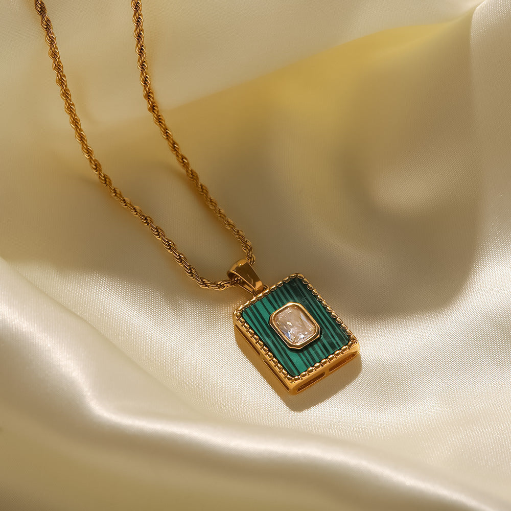 18K Gold Inlaid White Zircon Malachite Twist Chain Square Pendant Necklace