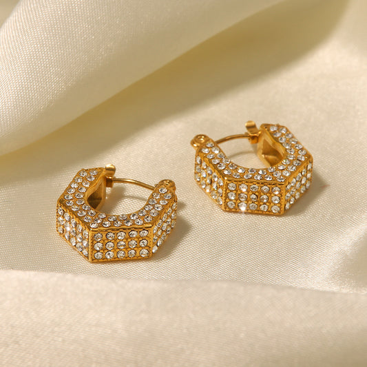 18K Gold Fashion Light Luxury Geometric Inlaid White Diamond Hollow Design Versatile Earrings