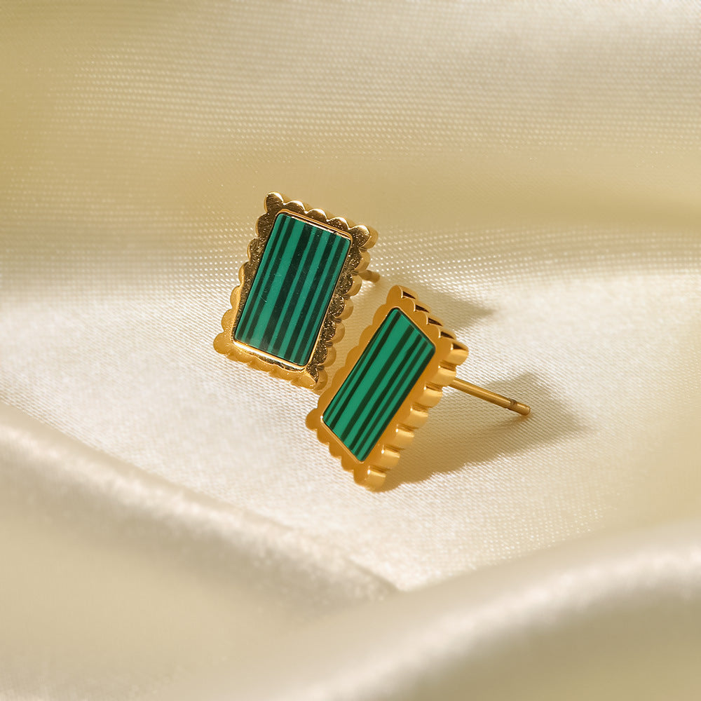 18K Gold Plated Inlaid Malachite/White Shell Square Earrings