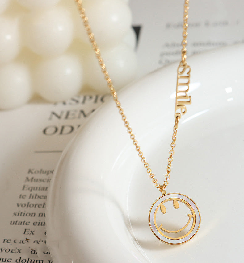 18K Gold Fashionable White Seashell Smiley Face Design with English Alphabet Pendant Necklace