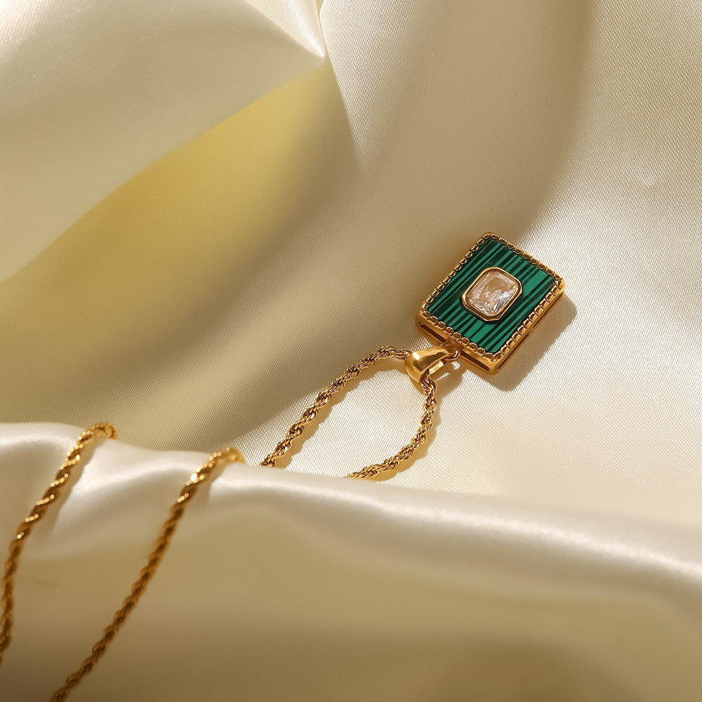 18K Gold Inlaid White Zircon Malachite Twist Chain Square Pendant Necklace