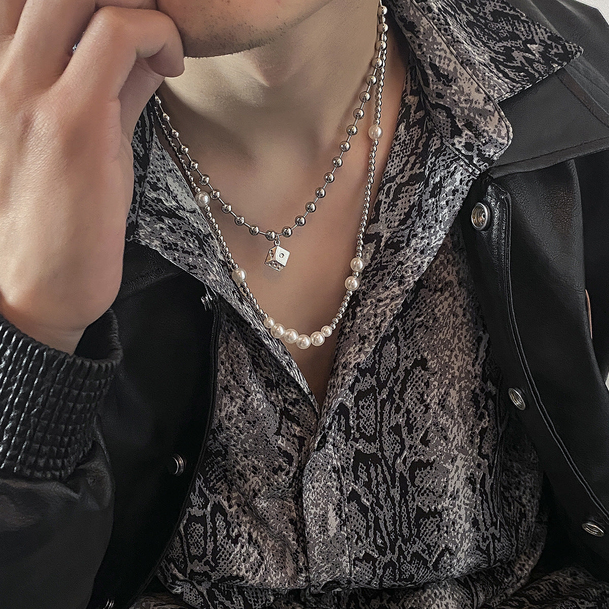 Men Fashion simple pearl double layered with dice pendant necklace