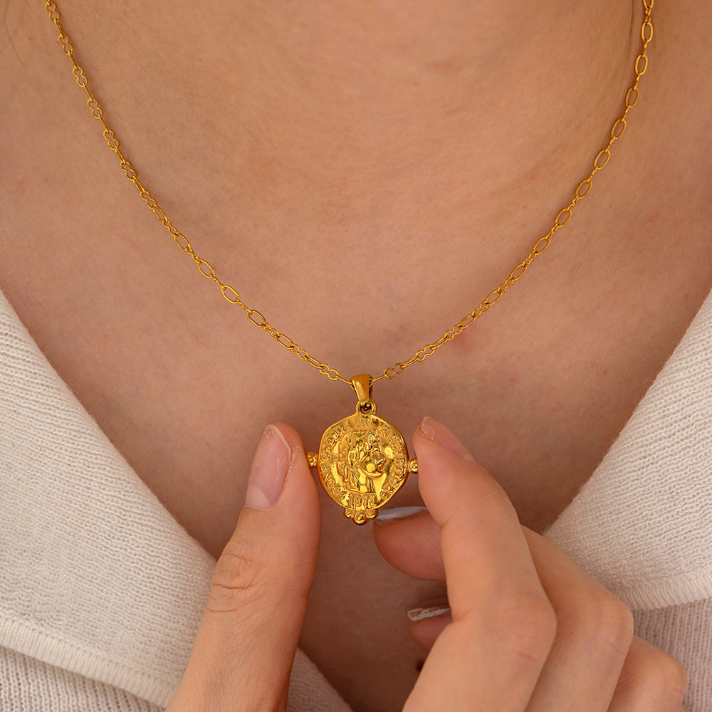 18K Gold Exquisite Fashion Embossed Goddess Coin Tag Design Necklace