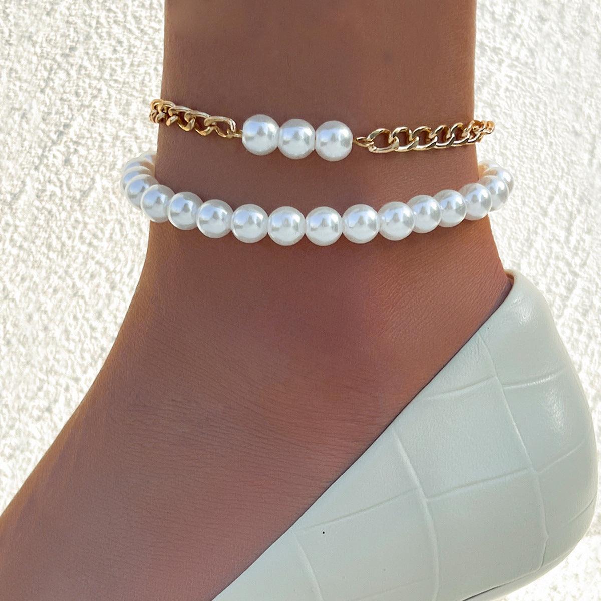 F3.Pearl and chain two-piece anklet - Elle Royal Jewelry