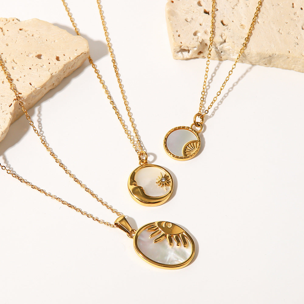 8K Gold Plated Oval Sun Moon Shell Pendant Necklace