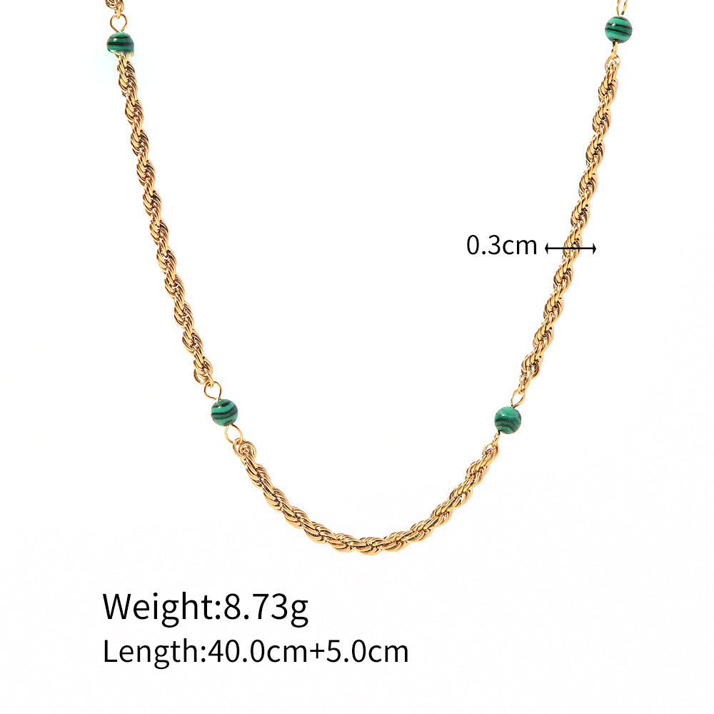 18k Gold Plated Inlaid Natural Green Malachite Twist Chain Style Necklace