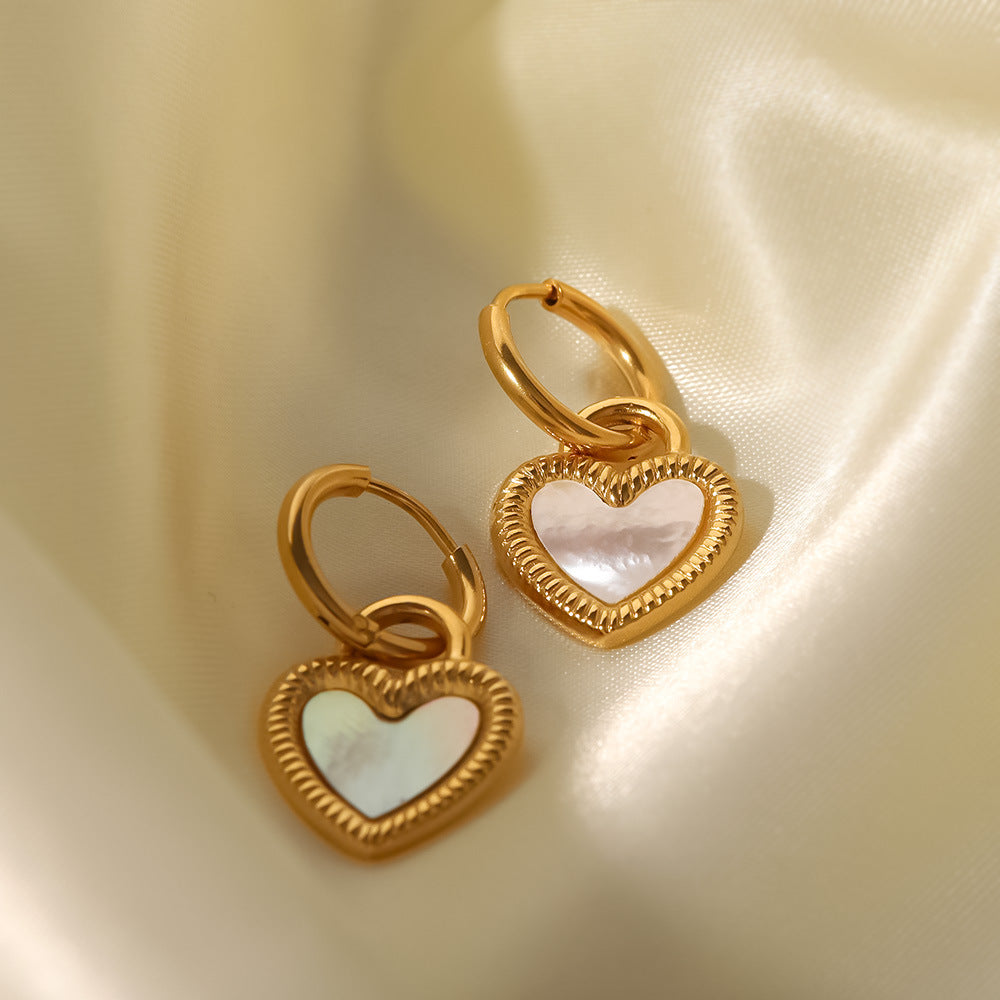 18k Gold Plated Inlaid White Natural Shell Heart Lock Design Pendant Earrings