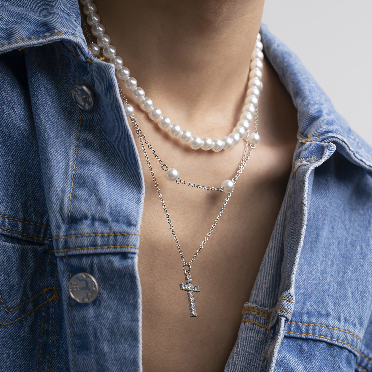 Men Fashionable and simple multi-layered cross with pearl hip-hop pendant necklace