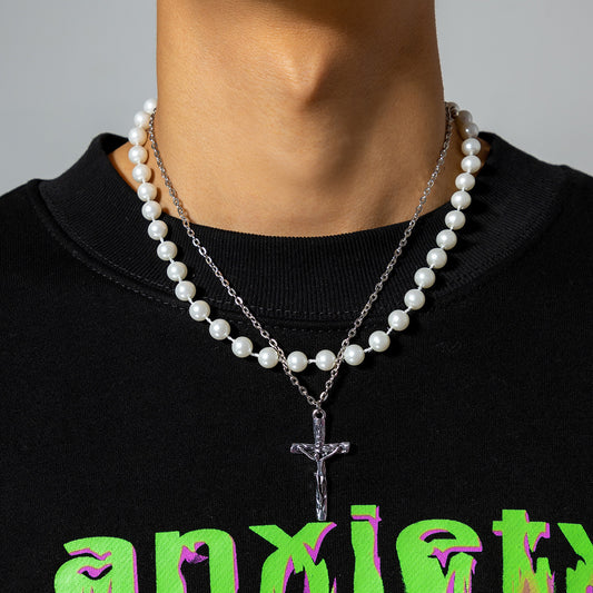 Men Classic simple stacked cross design with pearl all-match necklace