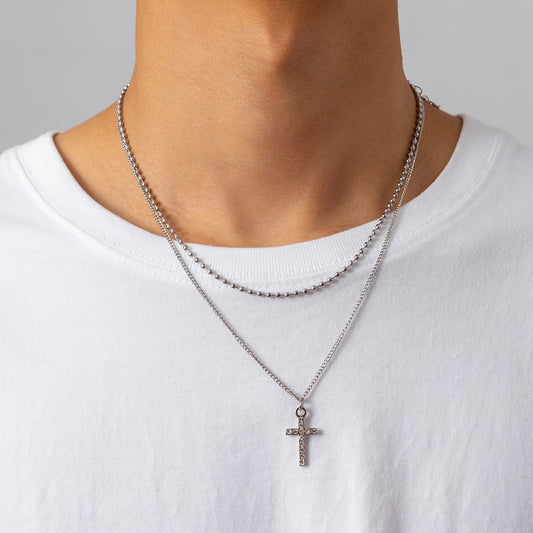 Men Retro light luxury double layered cross geometric diamond all-match pendant necklace