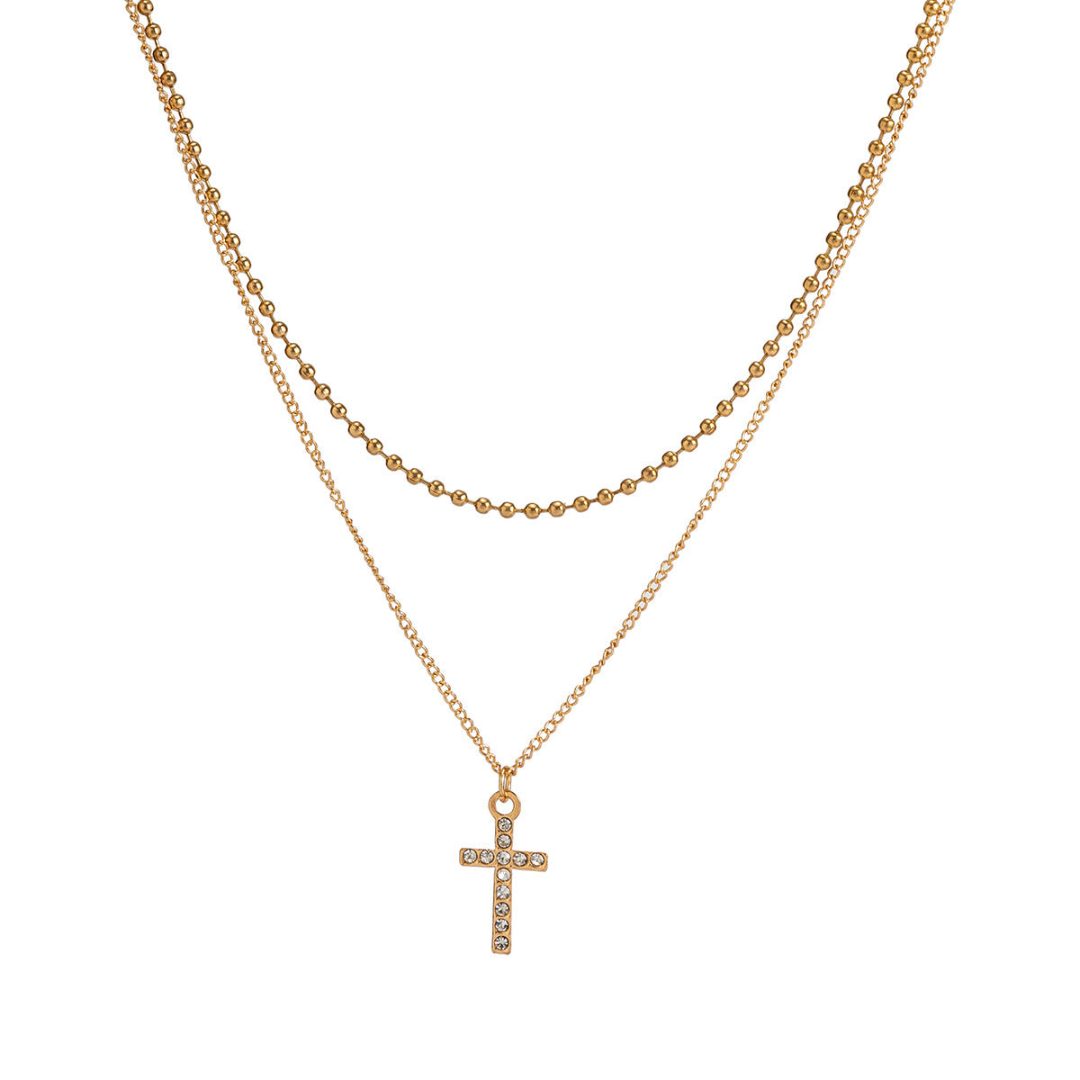 Men Retro light luxury double layered cross geometric diamond all-match pendant necklace