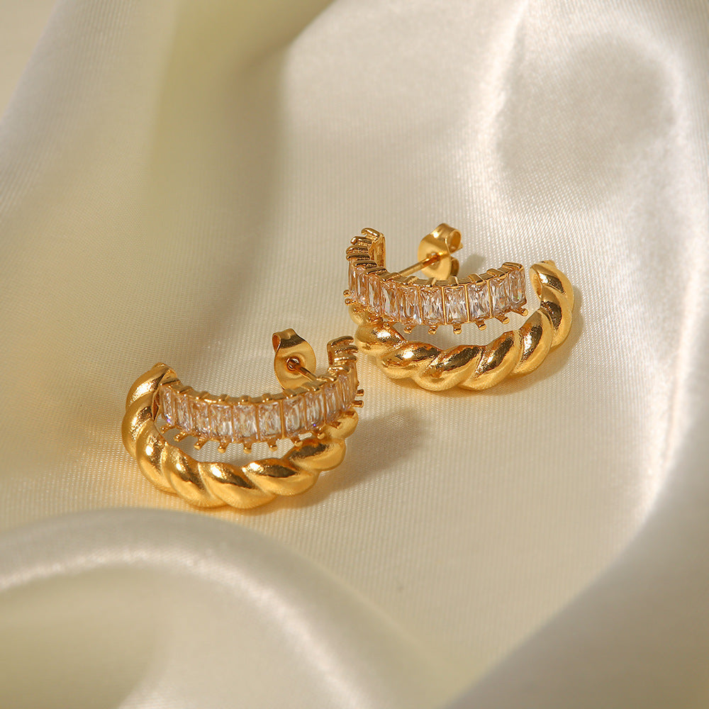 18K Gold C-Shaped White Zircon Earrings