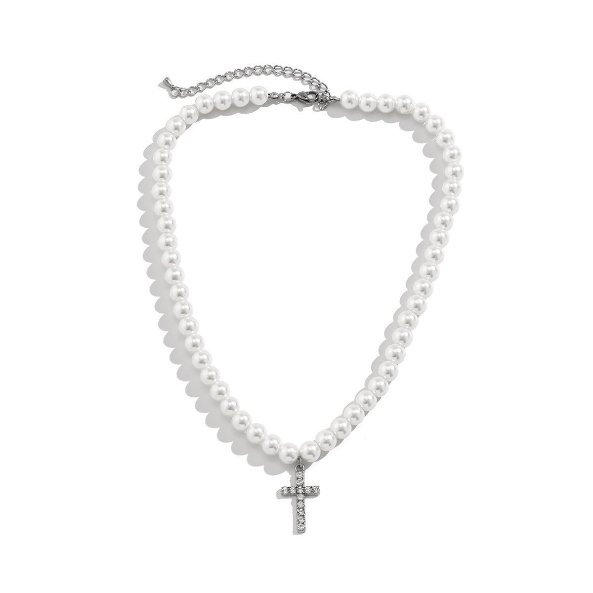 Men Vintage Hip Hop Diamond Pearl Cross Pendant Necklace