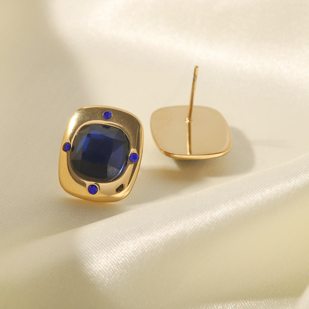 18K Gold Inlaid Large Royal Blue Faceted Glass Square Earrings