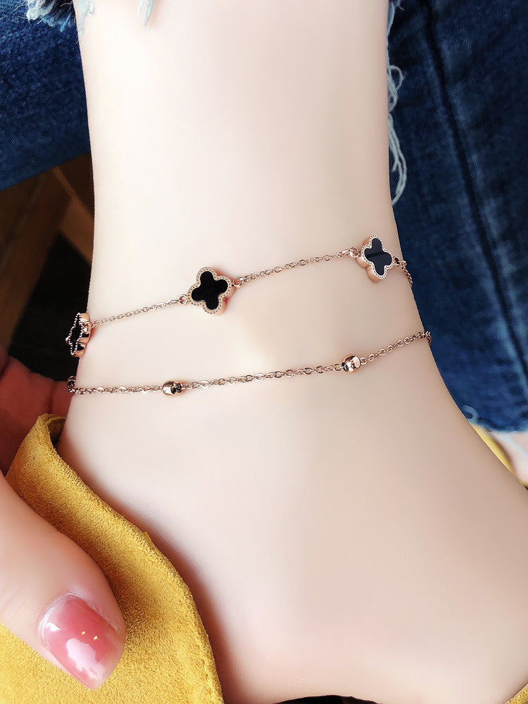 Simple light luxury style double-layer four-leaf clover design titanium steel anklet