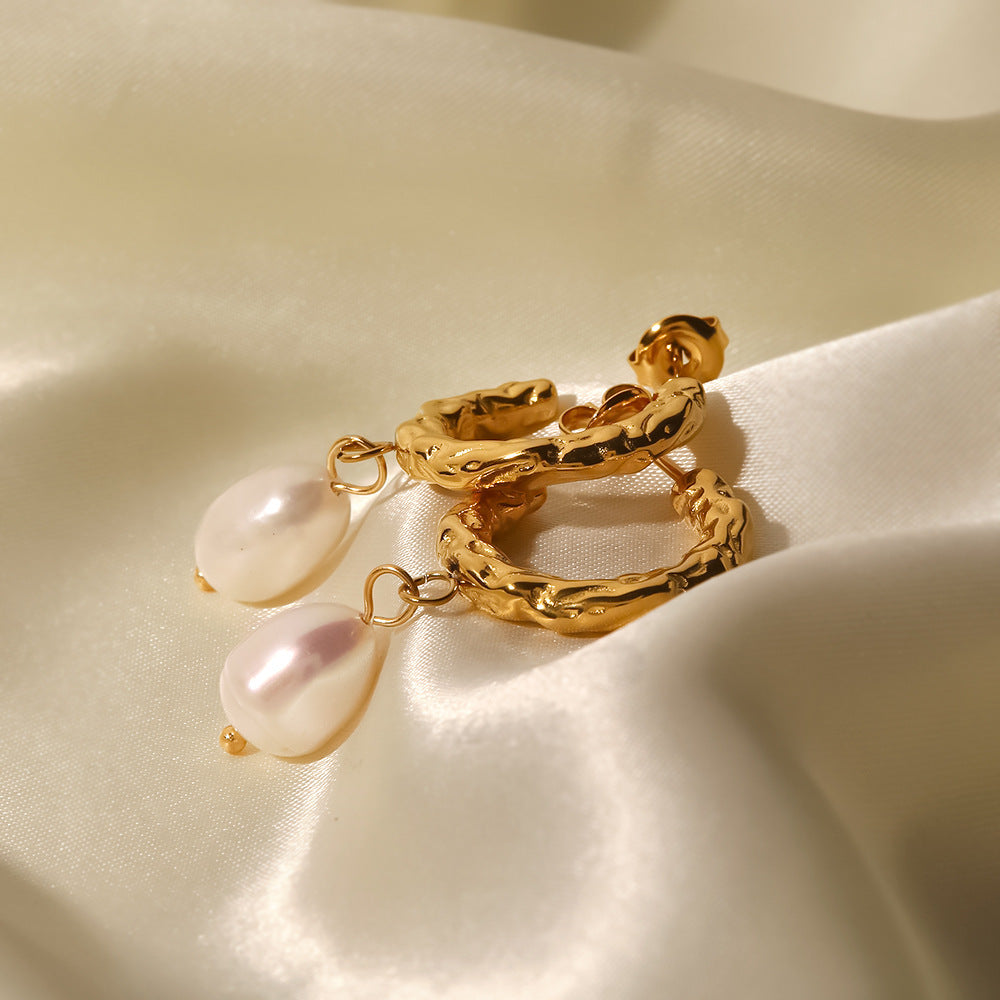 18K Gold Plated Inlaid Natural White Freshwater Pearl Earrings