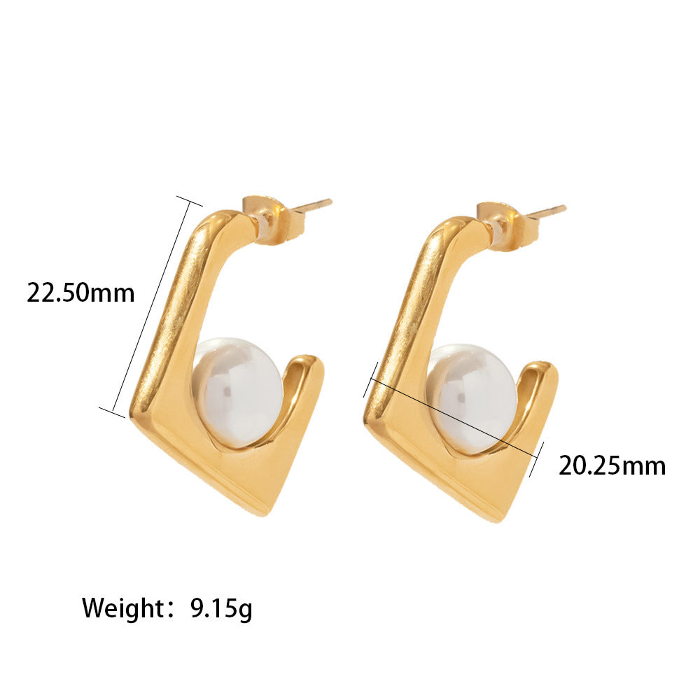 18K Gold Plated Inlaid White Pearl Square Spoon Design Punk Earrings